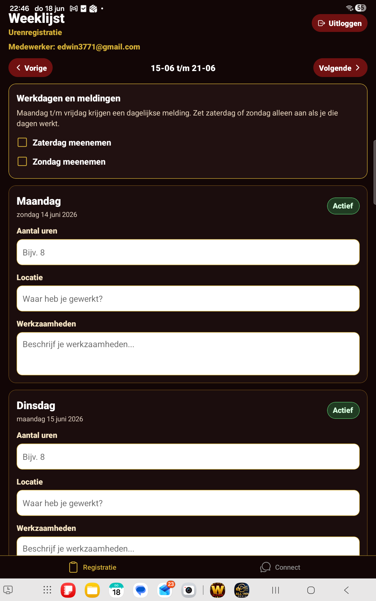 Weeklijst met urenregistratie